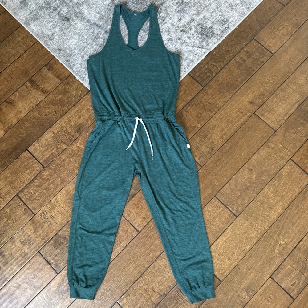 Vuori Lux Jade Heather Sleeveless Jumpsuit Drawstring Women's Size M *Flaw